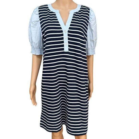 Loft cotton blend striped dress mixed media v-neck size L - Picture 2 of 8